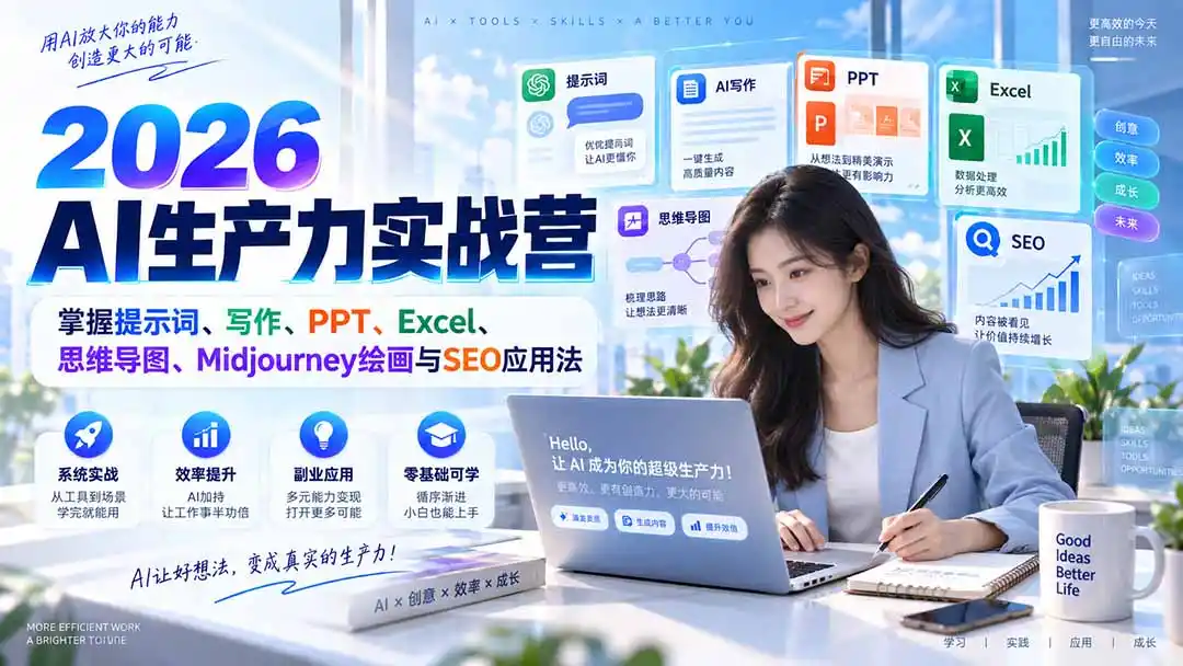 2026AI生产力实战营：掌握提示词、写作、PPT、Excel、思维导图、Midjourney绘画与SEO应用法-海淘下载站