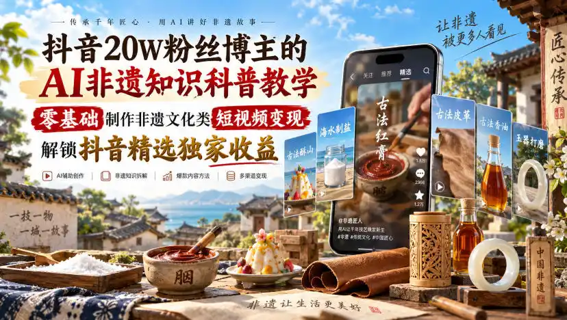 抖音20W粉丝博主的AI非遗知识科普教学,零基础制作非遗文化类短视频变现,解锁抖音精选独家收益 抖音20W粉丝博主的AI非遗知识科普教学,零基础制作非遗文化类短视频变现,解锁抖音精选独家收益