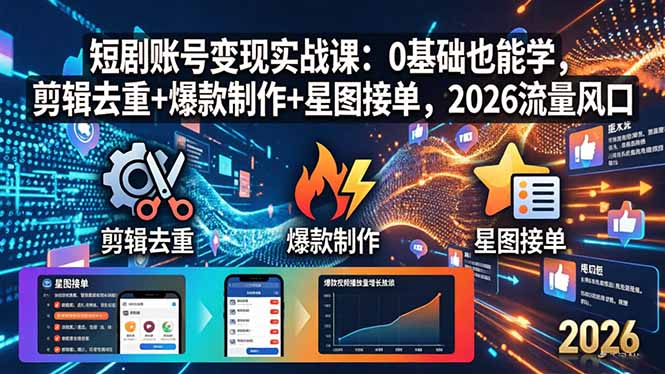 短剧账号变现实战课：0基础也能学，剪辑去重+爆款制作+星图接单，2026流量风口-海淘下载站