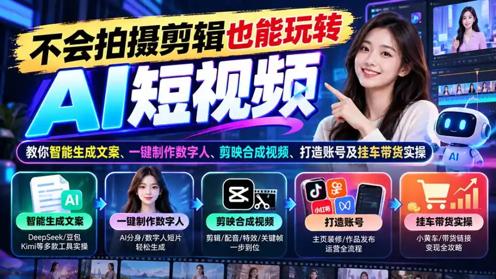 不会拍摄剪辑也能玩转AI短视频:教你智能生成文案、一键制作数字人、剪映合成视频、打造账号及挂车带货实操-海淘下载站