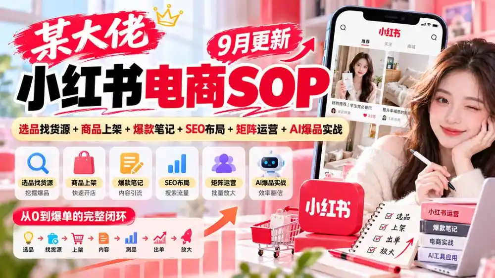 某大佬小红书电商SOP｜9月更新：选品找货源+商品上架+爆款笔记+SEO布局+矩阵运营+AI爆品实战-海淘下载站