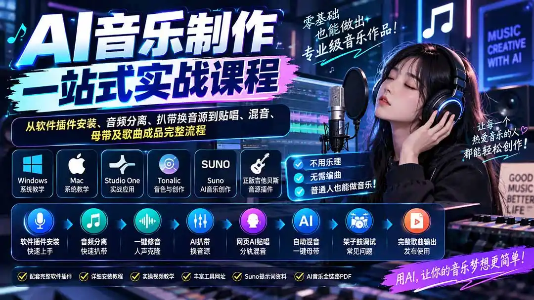 AI音乐制作一站式实战课程：从软件插件安装、音频分离、扒带换音源到贴唱、混音、母带及歌曲成品完整流程-海淘下载站