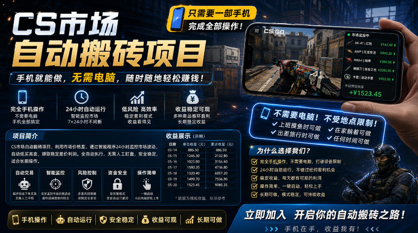手机即可操作的CS市场自动搬砖系统｜自动监控｜自动下单|日入300+【揭秘】-海淘下载站