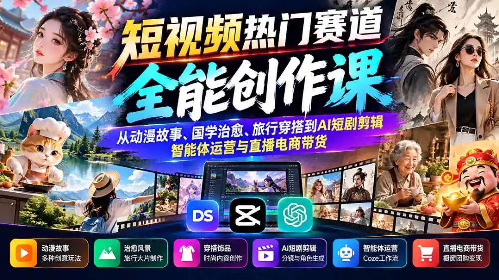短视频热门赛道全能创作课:从动漫故事、国学治愈、旅行穿搭到AI短剧剪辑、智能体运营与直播电商带货-海淘下载站