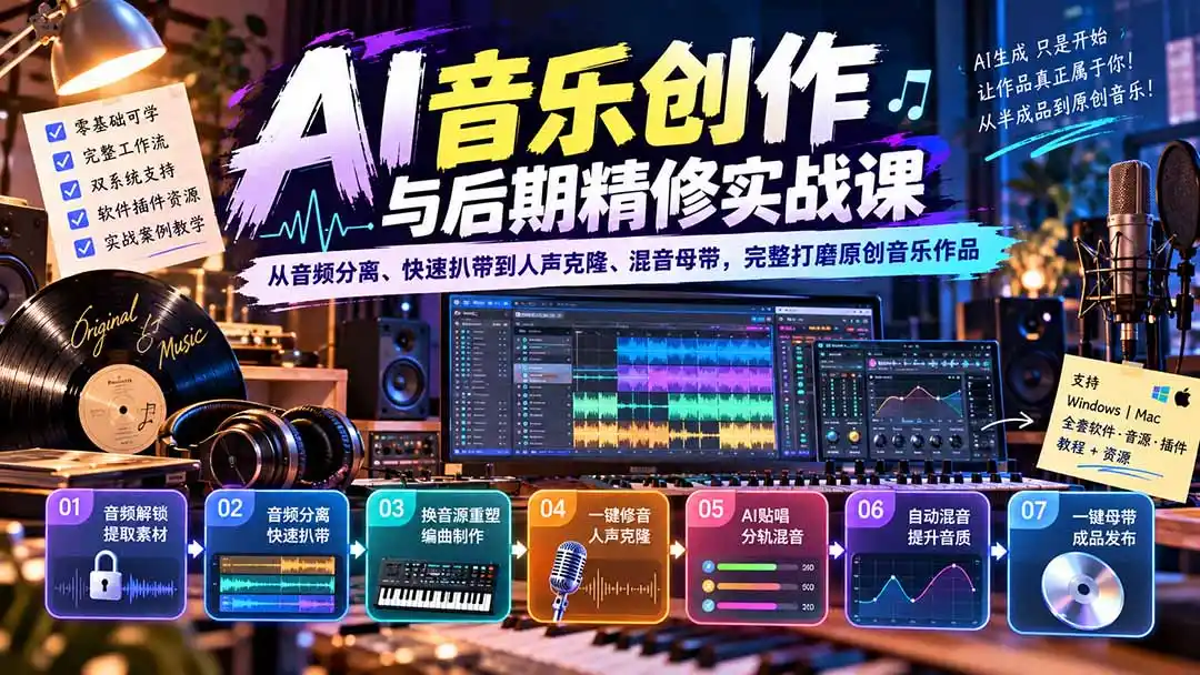 AI音乐创作与后期精修实战课：从音频分离、快速扒带到人声克隆、混音母带，完整打磨原创音乐作品-海淘下载站