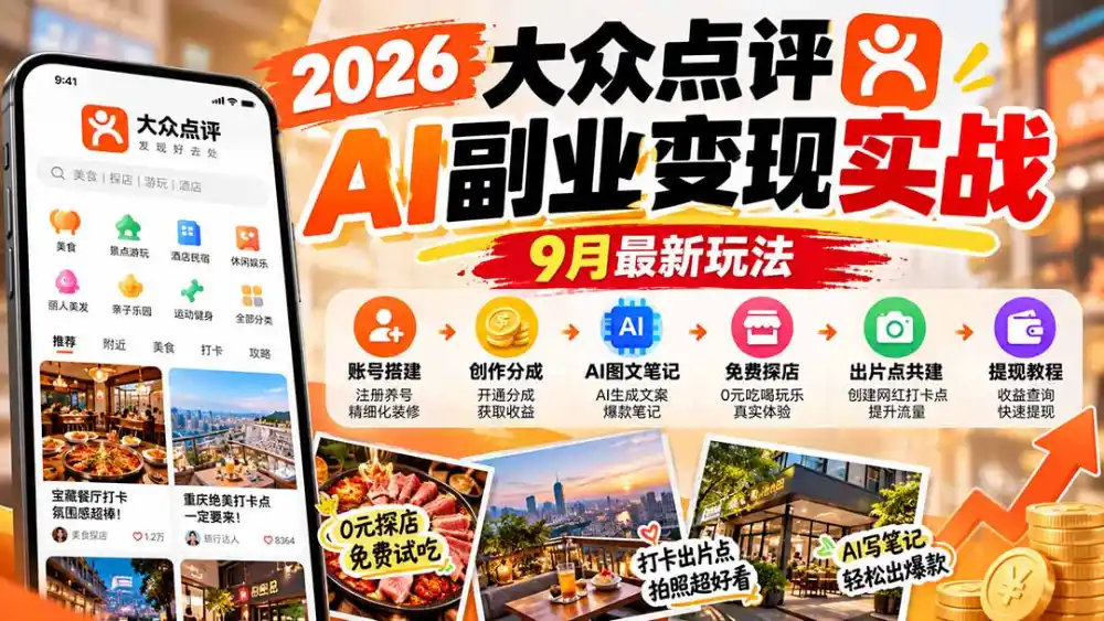 2026大众点评AI副业变现实战9月最新玩法：账号搭建+创作分成+AI图文笔记+免费探店+出片点共建与提现教程-海淘下载站