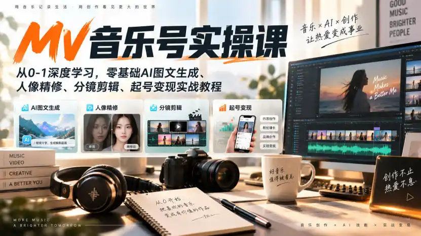 AI MV音乐号实操课，从0-1深度学习，零基础AI图文生成、人像精修、分镜剪辑、起号变现实战教程-海淘下载站