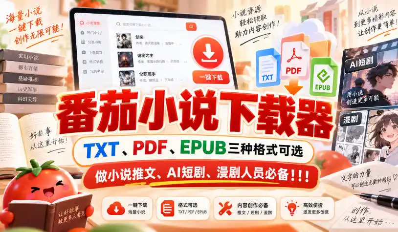 番茄小说下载器,TXT、PDF、EPUB三种格式可选,做小说推文、AI短剧、漫剧人员必备!!!-海淘下载站