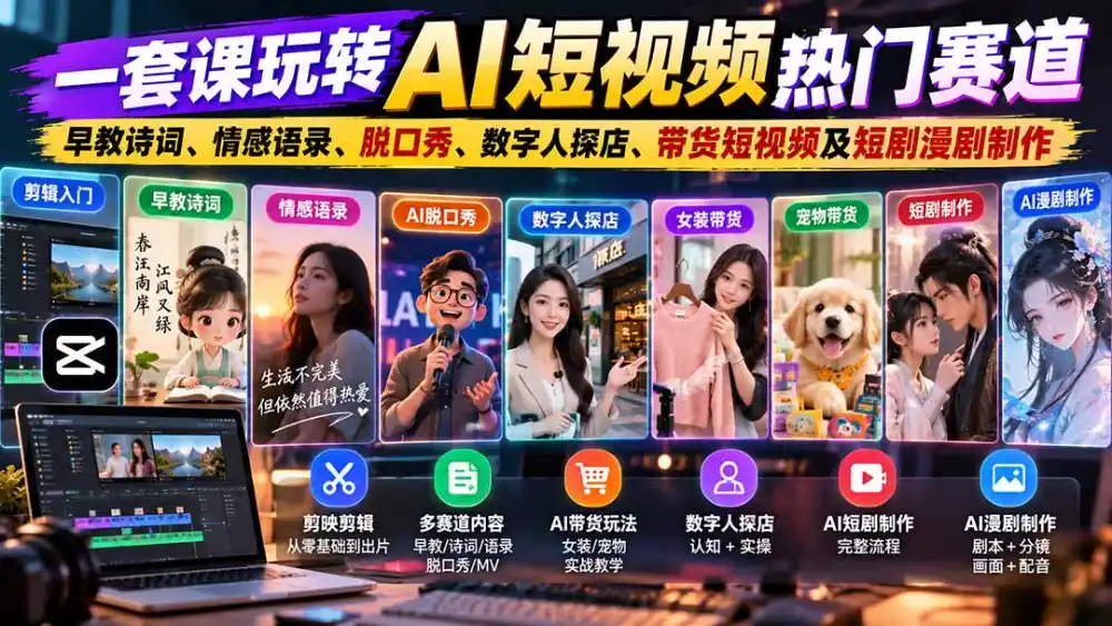 一套课玩转AI短视频热门赛道:早教诗词、情感语录、脱口秀、数字人探店、带货短视频及短剧漫剧制作 复制标题-海淘下载站