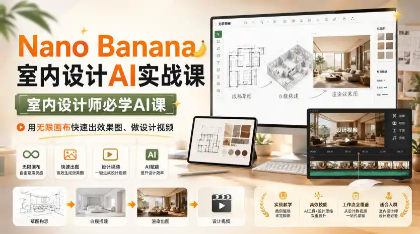 Nano Banana室内设计AI实战课,室内设计师必学AI课,用无限画布快速出效果图、做设计视频-海淘下载站