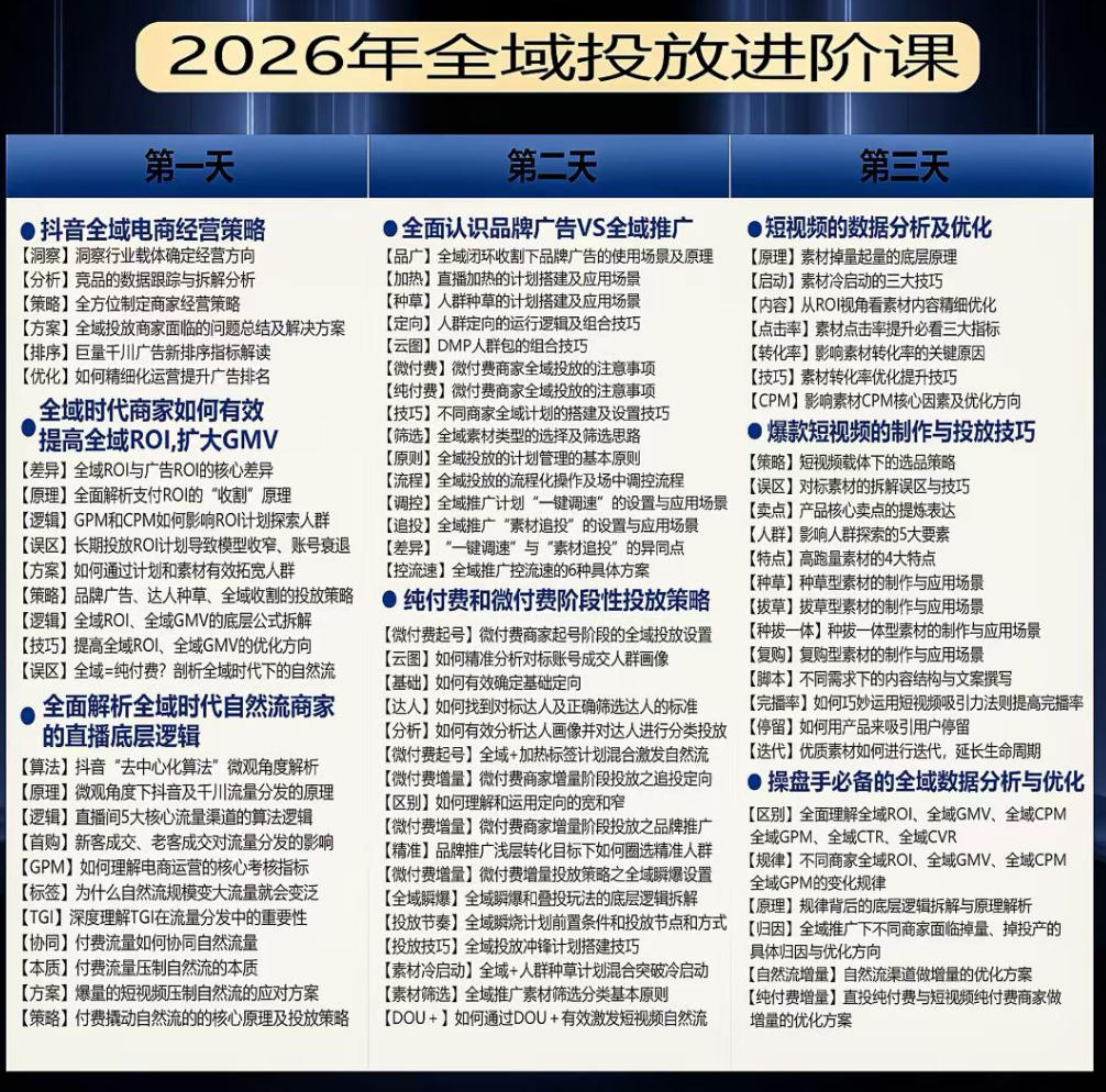 千川扫地僧2026抖音全域投放进阶课,少走弯路·快速起量·掌控增长,6月12-14号杭州线下课-海淘下载站
