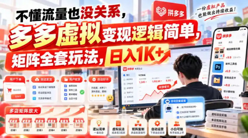 不懂流量也没关系,多多虚拟变现逻辑简单,矩阵全套玩法,日入1K+【揭秘】-海淘下载站