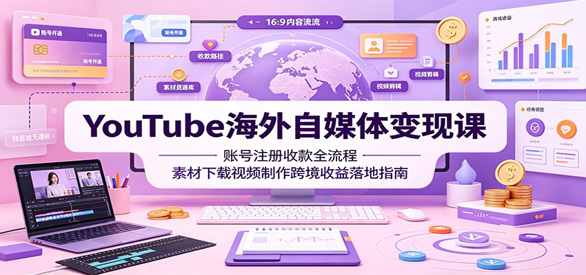 YouTube海外自媒体变现课:账号注册收款全流程,素材下载视频制作跨境收益落地指南-海淘下载站