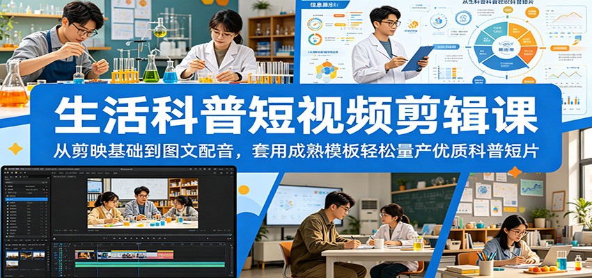 生活科普短视频剪辑课：从剪映基础到图文配音，套用成熟模板轻松量产优质科普短片-海淘下载站