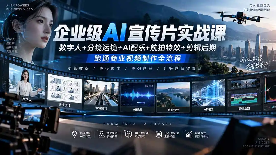 企业级AI宣传片实战课|数字人+分镜运镜+AI配乐+航拍特效+剪辑后期,跑通商业视频制作全流程 企业级AI宣传片实战课|数字人+分镜运镜+AI配乐+航拍特效+剪辑后期,跑通商业视频制作全流程