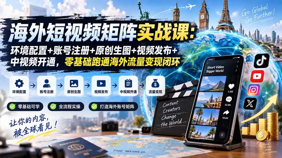 海外短视频矩阵实战课:环境配置+账号注册+原创生图+视频发布+中视频开通,零基础跑通海外流量变现闭环-海淘下载站