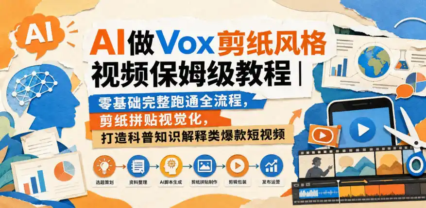 AI做Vox剪纸风格视频保姆级教程|零基础完整跑通全流程,剪纸拼贴视觉化,打造科普知识解释类爆款短视频-海淘下载站