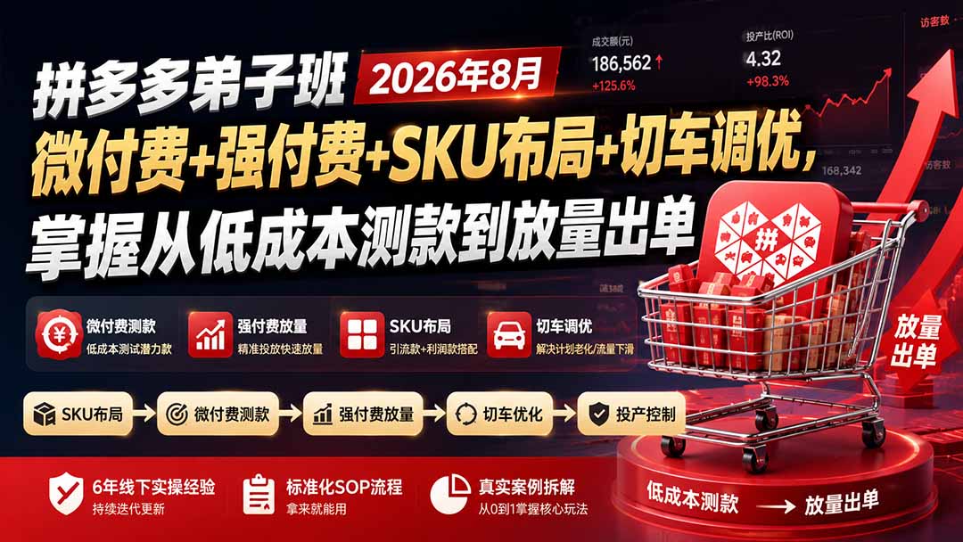 拼多多弟子班2026年8月:微付费+强付费+SKU布局+切车调优,掌握从低成本测款到放量出单-海淘下载站