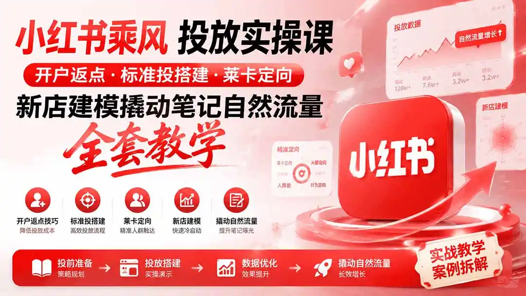 小红书乘风投放-100分钟实操课|开户返点·标准投搭建·莱卡定向,新店建模撬动笔记自然流量全套教学-海淘下载站
