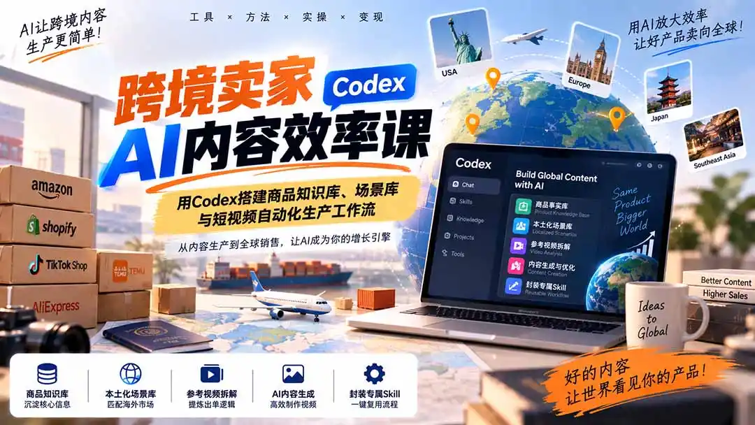 跨境卖家AI内容效率课：用Codex搭建商品知识库、场景库与短视频自动化生产工作流-海淘下载站