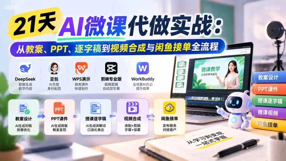 21天AI微课代做实战:从教案、PPT、逐字稿到视频合成与闲鱼接单全流程-海淘下载站