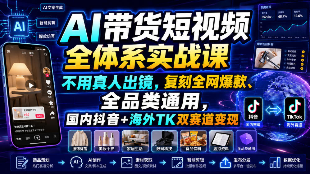 AI带货短视频全体系实战课，不用真人出镜，复刻全网爆款、全品类通用，国内抖音+海外TK双赛道变现-海淘下载站