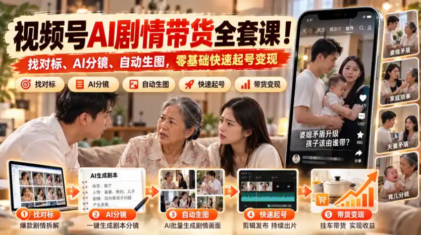 视频号AI剧情带货全套课!找对标、AI分镜、自动生图,零基础快速起号变现-海淘下载站