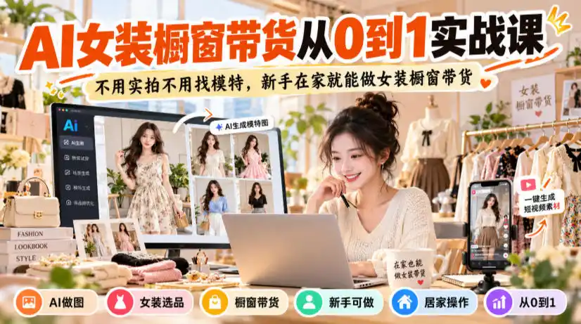 AI女装橱窗带货从0到1实战课,不用实拍不用找模特,新手在家就能做女装橱窗带货-海淘下载站