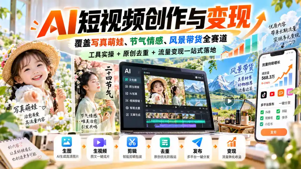 AI短视频创作与变现，覆盖写真萌娃、节气情感、风景带货全赛道，工具实操+原创去重+流量变现一站式落地-海淘下载站
