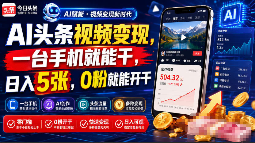 AI头条视频变现，一台手机就能干，日入5张，0粉就能开干-海淘下载站