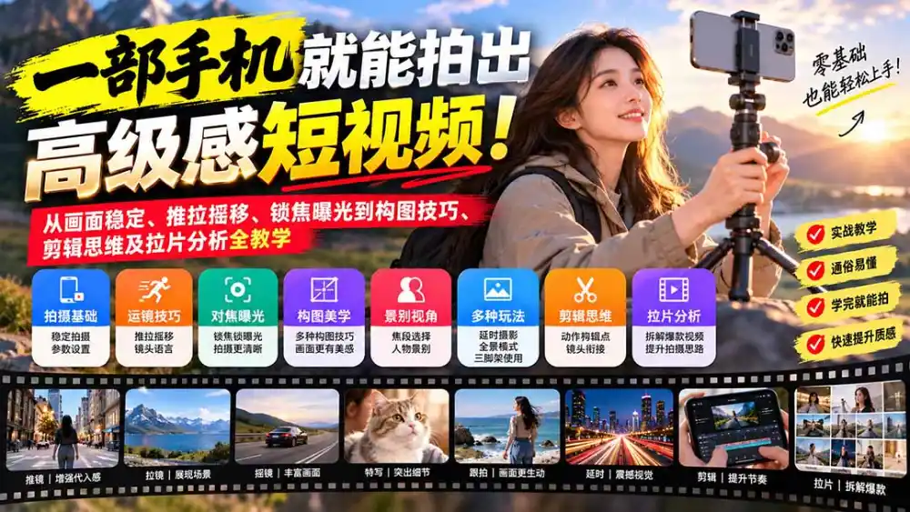 一部手机就能拍出高级感短视频！从画面稳定、推拉摇移、锁焦曝光到构图技巧、剪辑思维及拉片分析全教学-海淘下载站