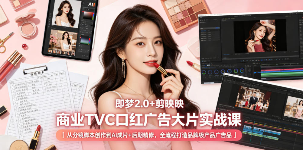 即梦2.0+剪映商业TVC口红广告大片实战课｜从分镜脚本创作到AI成片+后期精修，全流程打造品牌级产品广告-海淘下载站