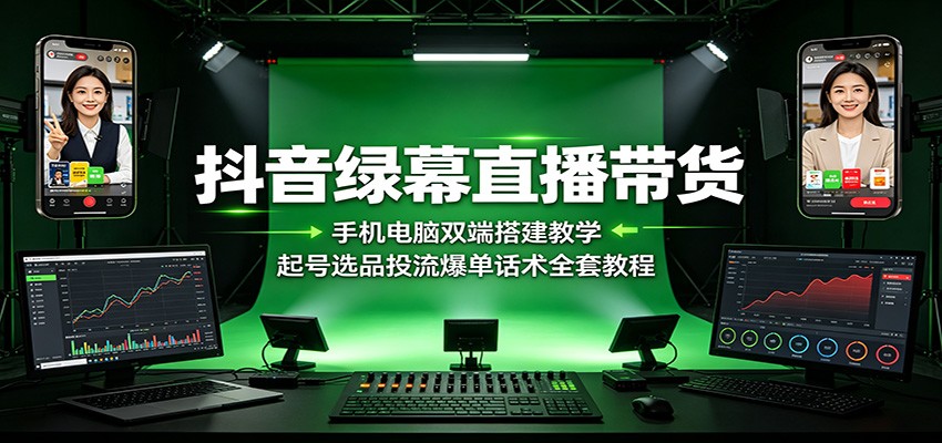 抖音绿幕直播带货：手机电脑双端搭建教学，起号选品投流爆单话术全套教程-海淘下载站