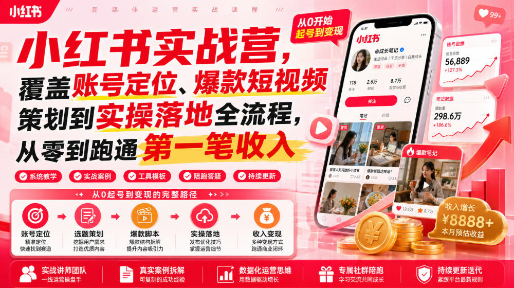 小红书实战营，覆盖账号定位、爆款短视频策划到实操落地全流程，从零到跑通第一笔收入-海淘下载站