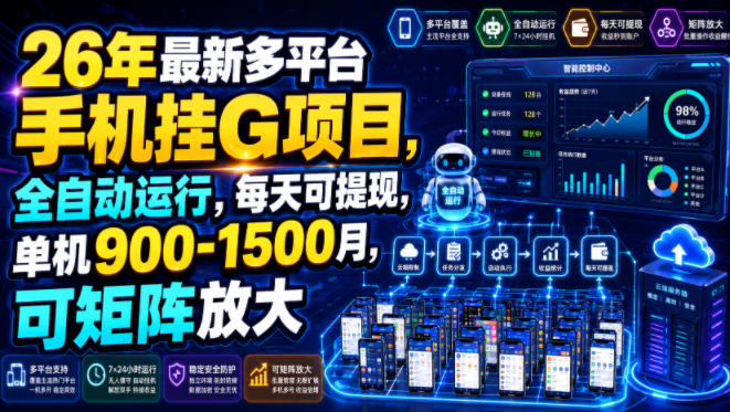 26年最新多平台手机挂G项目，全自动运行，每天可提现，单机900-1500月，可矩阵放大【揭秘】-海淘下载站