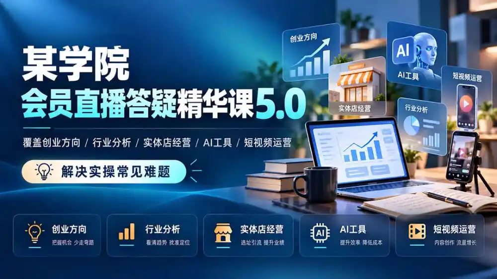 某学院会员直播答疑精华课5.0：覆盖创业方向、行业分析、实体店经营、AI工具和短视频运营，解决实操常见难题！-海淘下载站