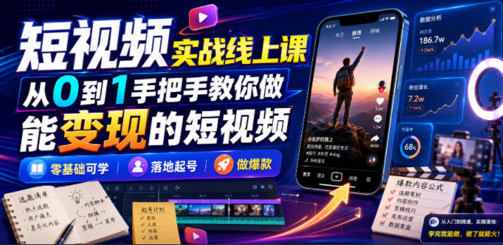 短视频实战线上课，从0到1手把手教你做能变现的短视频，零基础可学，落地起号做爆款-海淘下载站