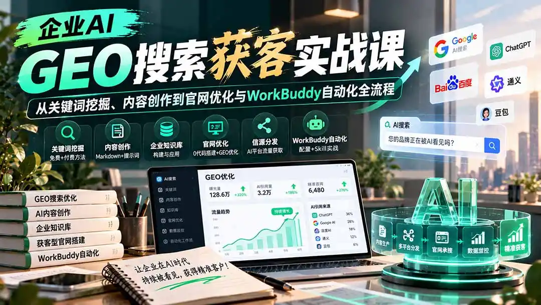 企业AI GEO搜索获客实战课：从关键词挖掘、内容创作到官网优化与WorkBuddy自动化全流程-海淘下载站