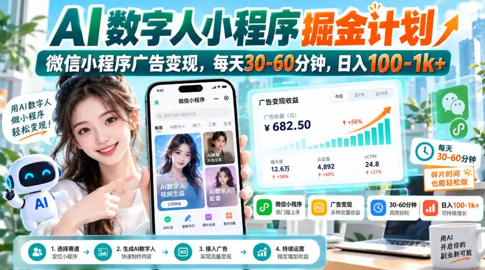 【无水印】AI数字人小程序掘金计划,微信小程序广告变现,每天30‑60分钟,日入100‑1k+-海淘下载站