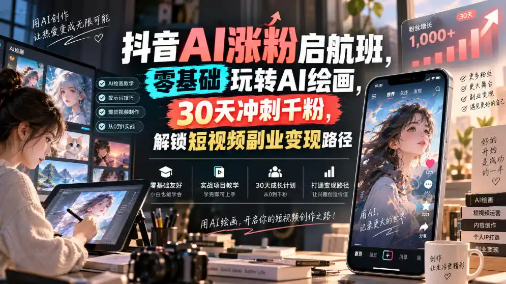 抖音AI涨粉启航班,零基础玩转AI绘画,30天冲刺千粉,解锁短视频副业变现路径-海淘下载站