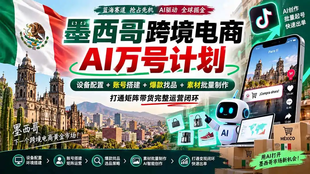 墨西哥AI跨境电商万号计划｜设备配置+账号搭建+爆款找品+素材批量制作，打通矩阵带货完整运营闭环-海淘下载站