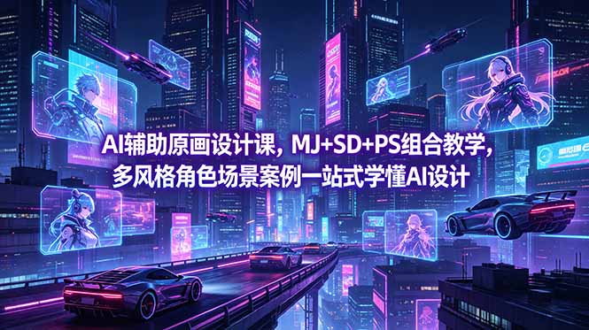 AI辅助原画设计课，MJ+SD+PS组合教学，多风格角色场景案例一站式学懂AI设计-海淘下载站