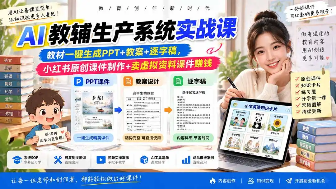 AI教辅生产系统实战课-更新0926｜教材一键生成PPT+教案+逐字稿，小红书原创课件制作+卖虚拟资料课件赚钱