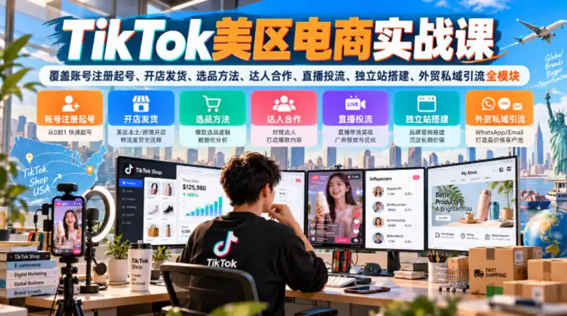 TikTok美区电商实战课，覆盖账号注册起号、开店发货、选品方法、达人合作、直播投流、独立站搭建、外贸私域引流全模块-海淘下载站