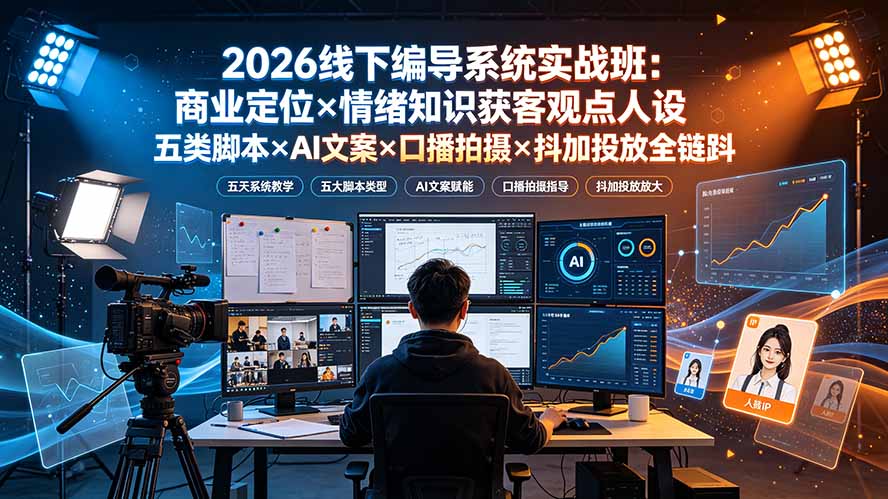 2026线下编导系统实战班：商业定位×情绪知识获客观点人设五类脚本×AI文案×口播拍摄×抖加投放全链路-海淘下载站