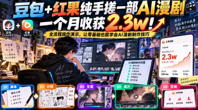 豆包+红果纯手搓一部AI漫剧一个月收获2.3w!全流程操作演示,让零基础也能学会AI漫剧制作技巧-海淘下载站