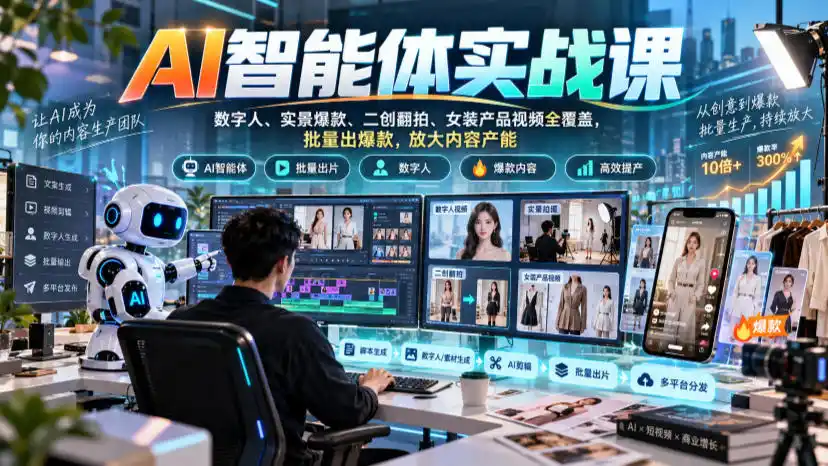 AI智能体实战课,数字人、实景爆款、二创翻拍、女装产品视频全覆盖,批量出爆款,放大内容产能-海淘下载站
