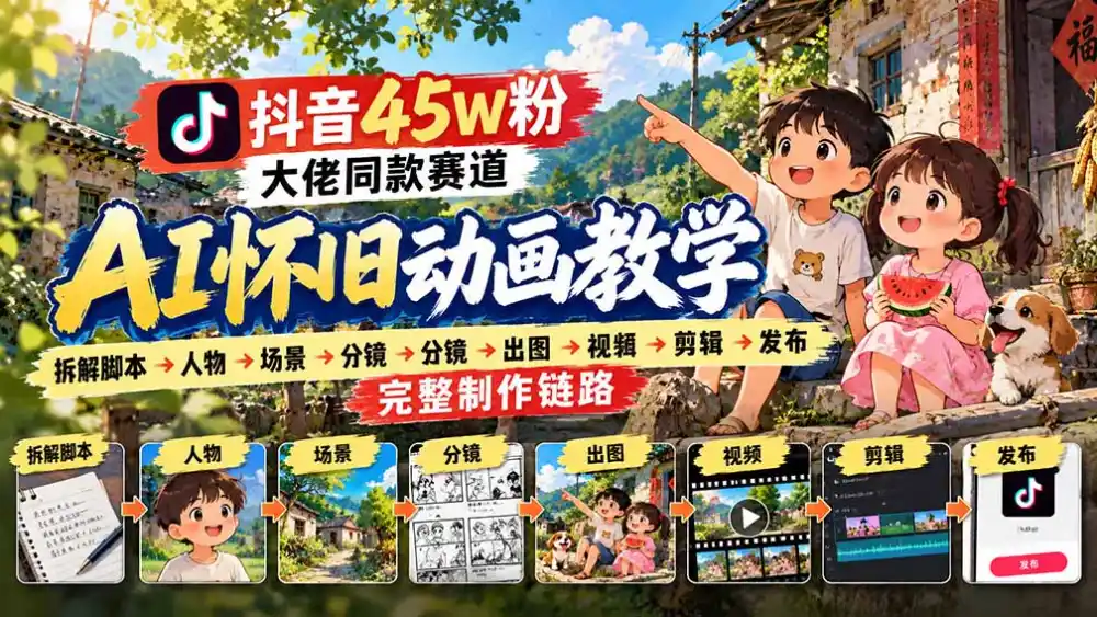 抖音45W粉大佬同款赛道AI怀旧动画教学：拆解脚本→人物→场景→分镜→出图→视频→剪辑→发布完整制作链路