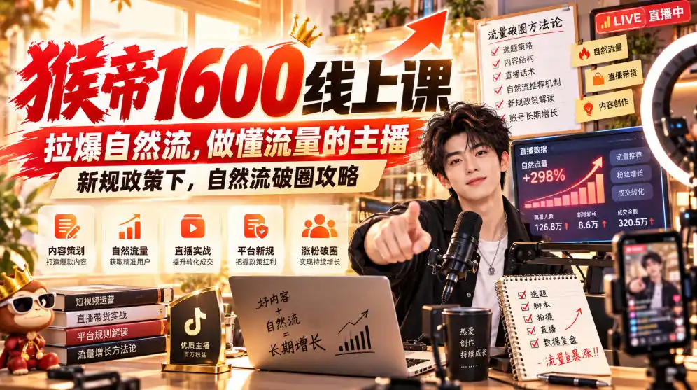 猴帝1600线上课，拉爆自然流，做懂流量的主播，新规政策下，自然流破圈攻略【更新260926】-海淘下载站