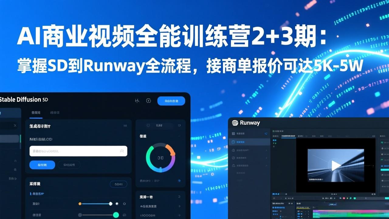 AI商业视频全能训练营2+3期：掌握SD到Runway全流程，接商单报价可达5K-5W-海淘下载站